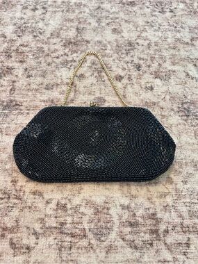 Black Beaded Evening Clutch with Gold Chain